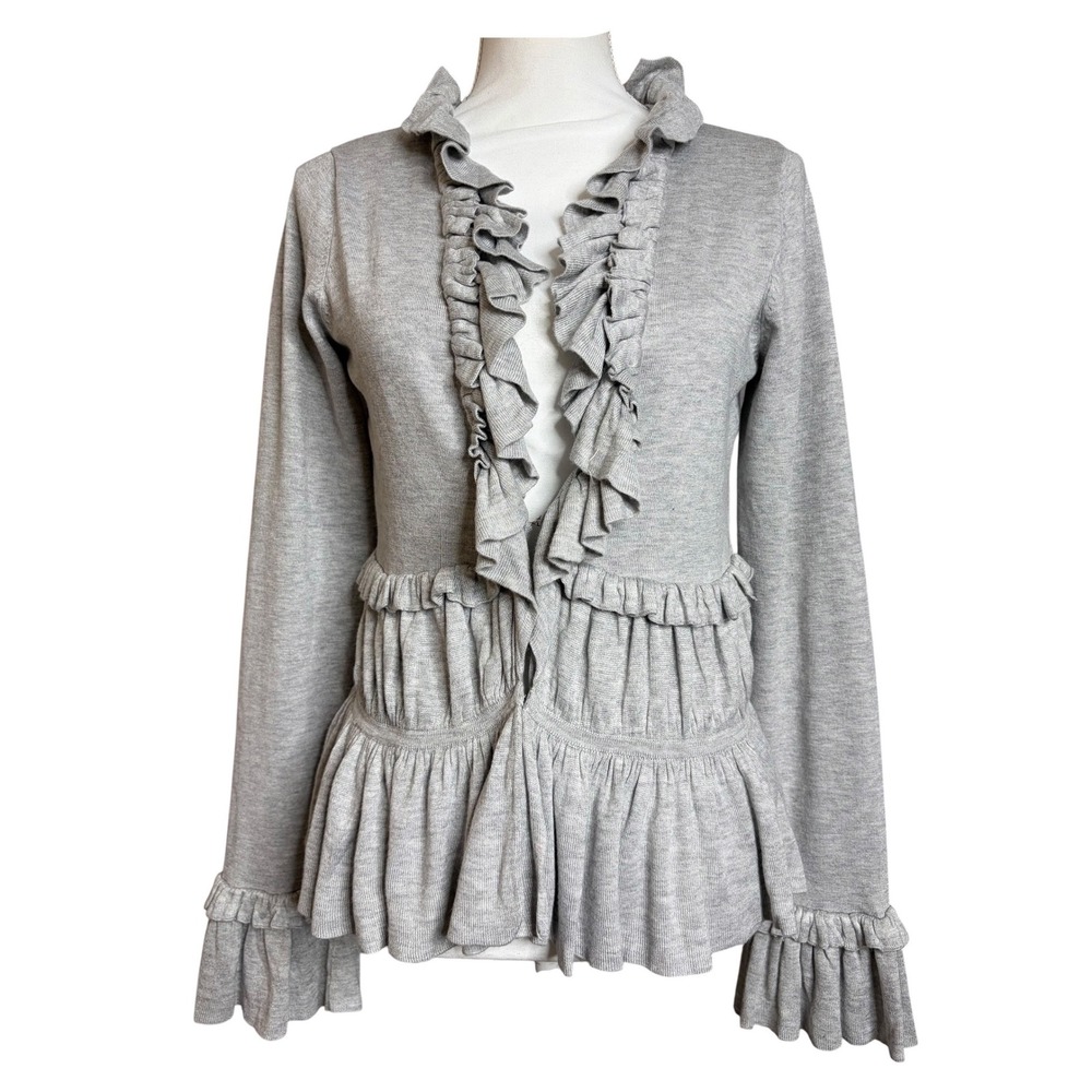 Boston Proper Ruffle Cardigan M Gray Coquette Romantic Balletcore Peplum Sweater